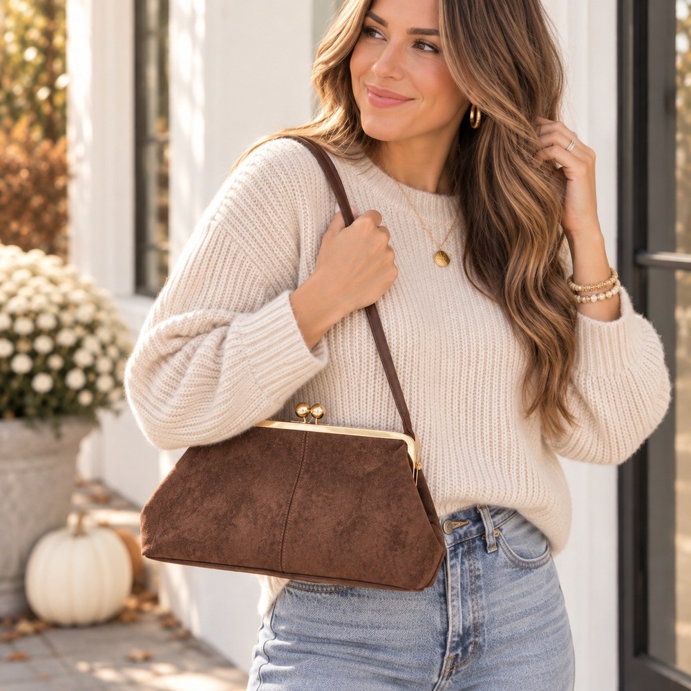 A New Day Brown Faux Suede Frame Clutch Gold Kiss Lock Crossbody Bag NEW